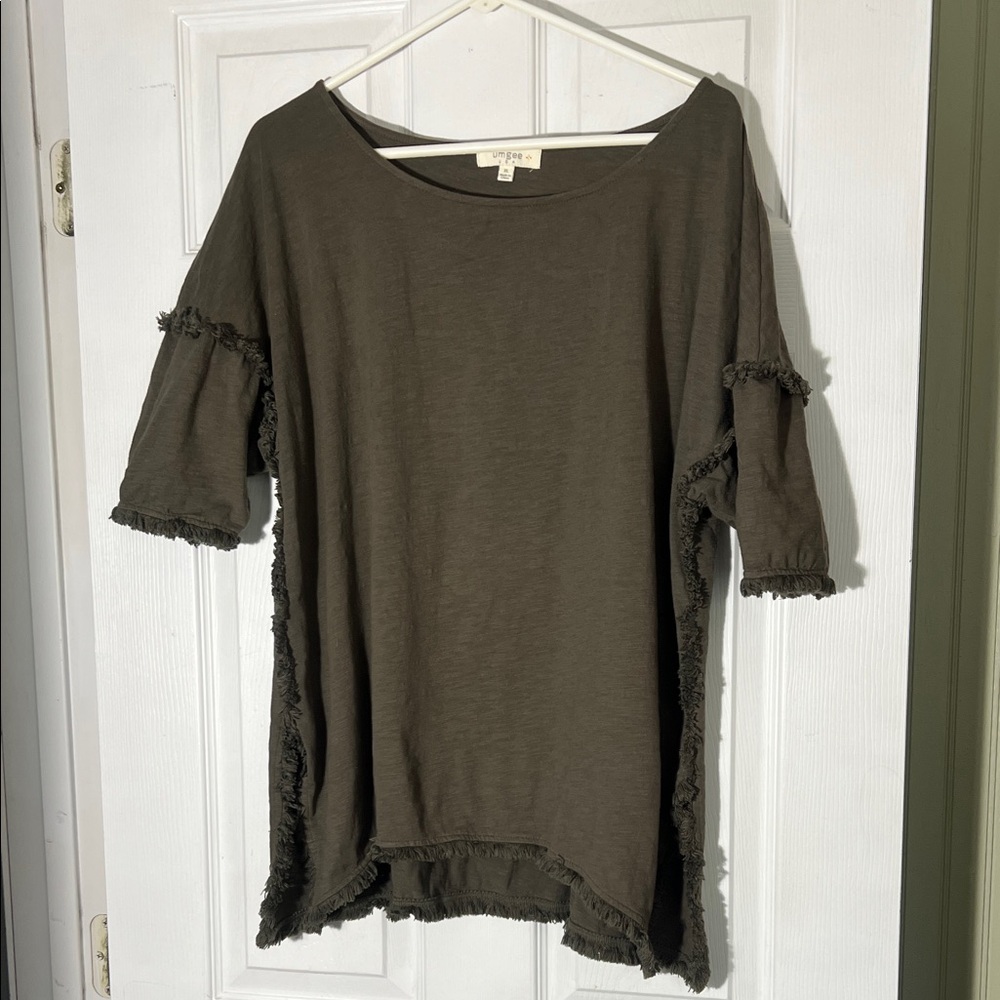 Umgee Olive Fringed Short Sleeve Top
